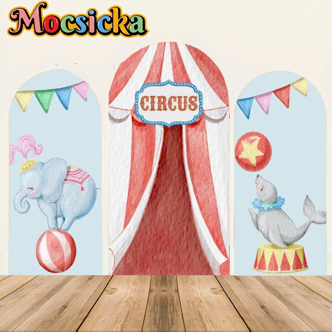 

Mocsicka customized Arch Backdrop Cover Kids Circus Birthday Party Elephants and seals Baby Shower Carnival Parties Decoration