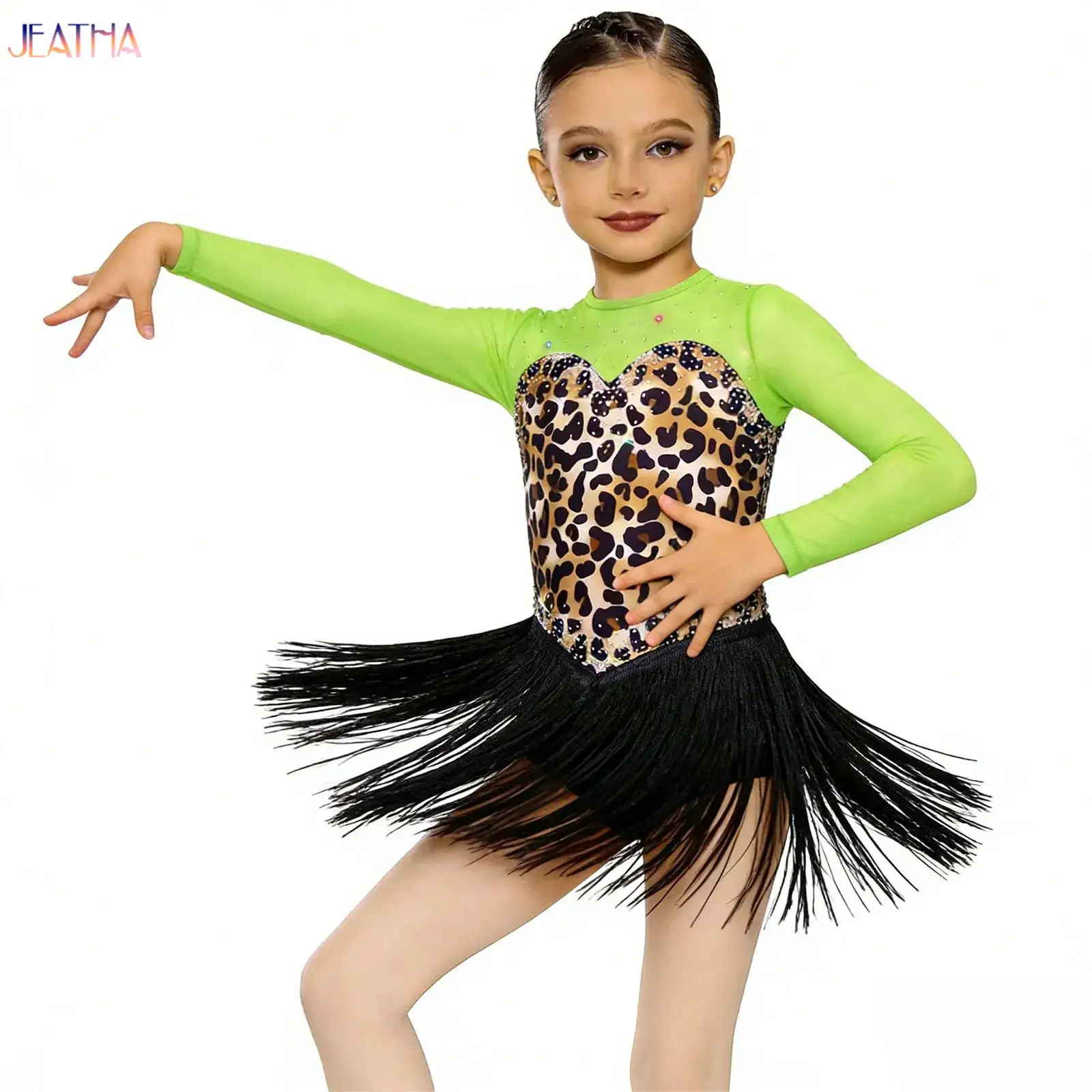 

Girls Latin Dance Dress for Kids Long Sleeve Leotard Print Tassels Skirt Cha Cha Ballroom Costume Practice Performance Dancewear