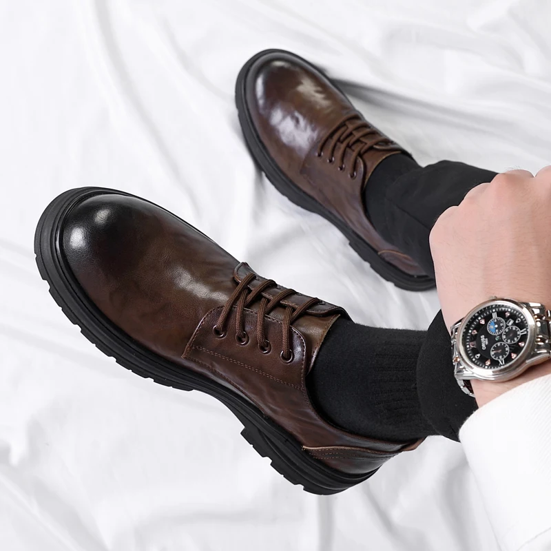 

Модные брендовые мужские дышащие туфли дерби с круглым носком, осенние удобные кожаные туфли из натуральной кожи на шнуровке, деловая повседневная кожаная обувь