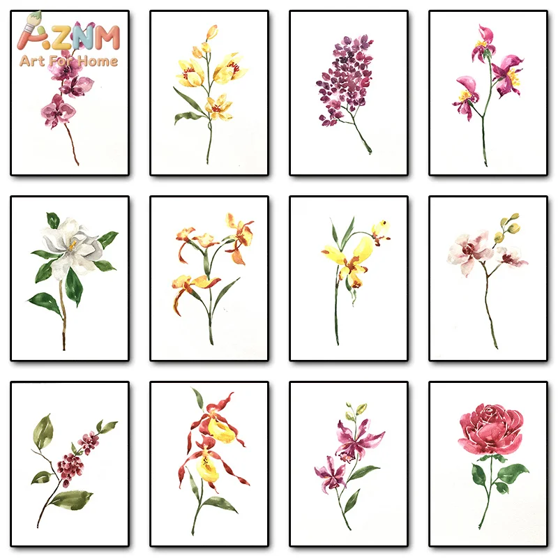 AZNM Watercolor Floral Canvas Wall Art Orchid Rose Lilac Botanical Flower Art Print Frameless Canvas Painting Home Decor Poster