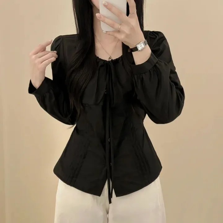 Chic Autumn Fashion Drawstring round Neck Single Button Waist Cinching Long Sleeve Shirt Women Casual Style Cotton 100%