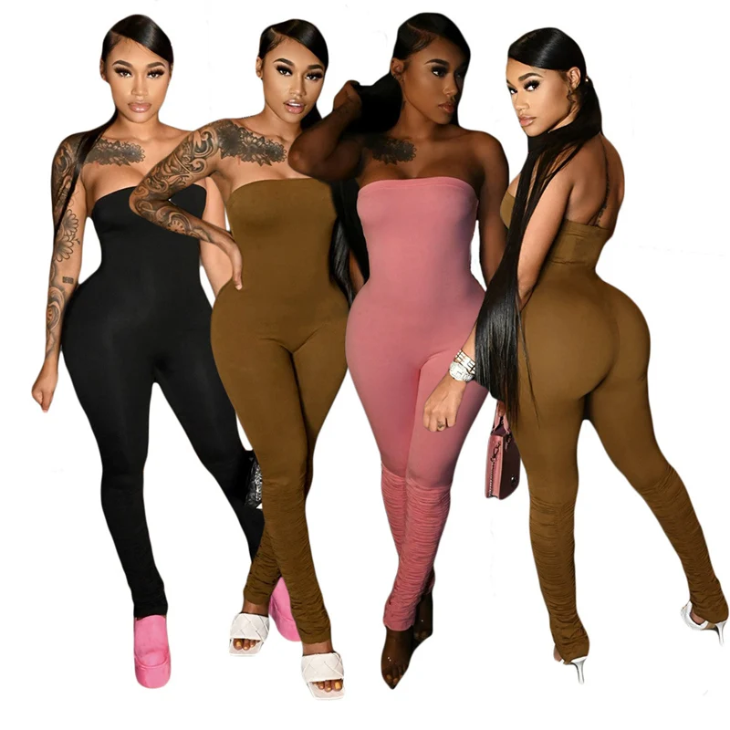 Jumpsuit Bodycon tanpa lengan wanita, baju monyet pesta malam kurus satu potong klub tanpa tali tanpa lengan