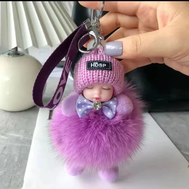 Cute Fluffy Plush Doll Keychains Lovely Pompom Sleeping Baby Keychain Girl Bags Keyrings Cars Key Ring Gift Charming Decoration