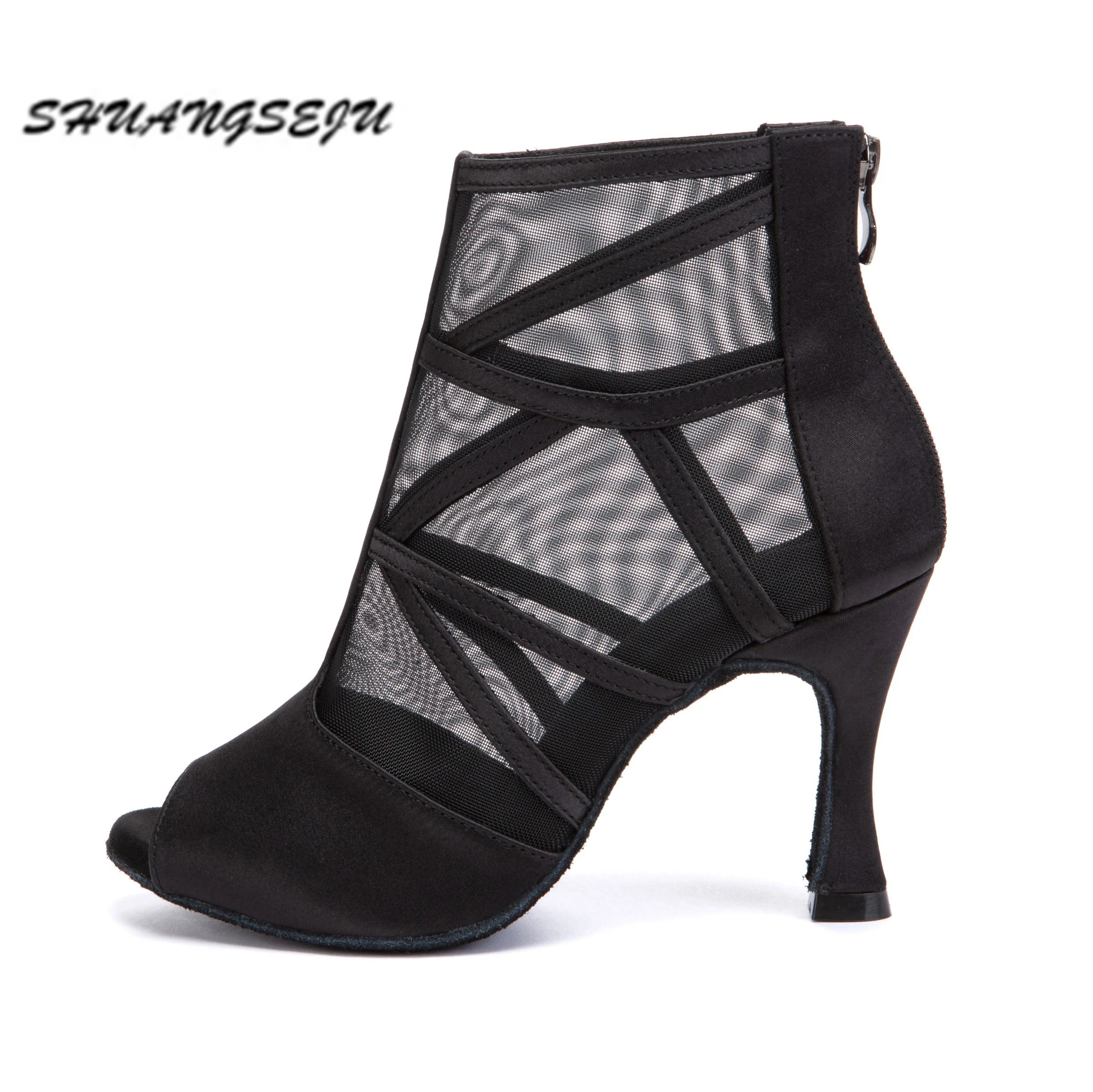 SHUANGSEJU Black Mesh Breathable Latin Dance Shoes, Sexy High-top Zipper Jazz Ankle Boots, 9cm Heels Soft Sole Dancing Footwear