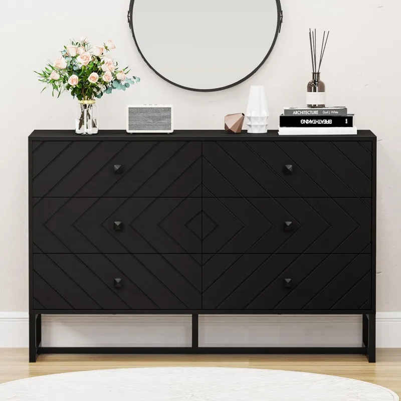 Dresser for Bedroom with 6 Drawer, Wood Dressers & chests of Drawers with Gold Knobs, Modern Storage Drawers for Entryway