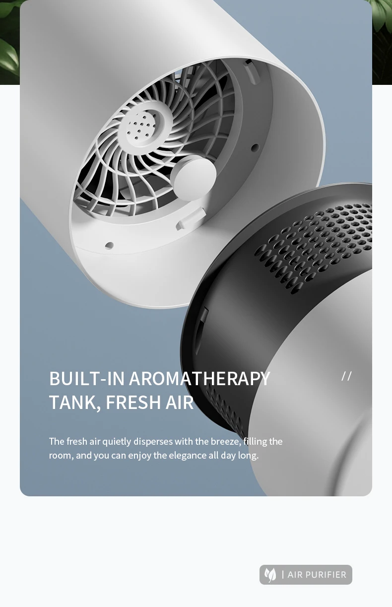 Portable Air Purifier HEPA Activated Carbon Composite Filter Blue Light Negative Ion 2 Speed Touch Control USB Type-C Quiet Night Mode Aroma Tank