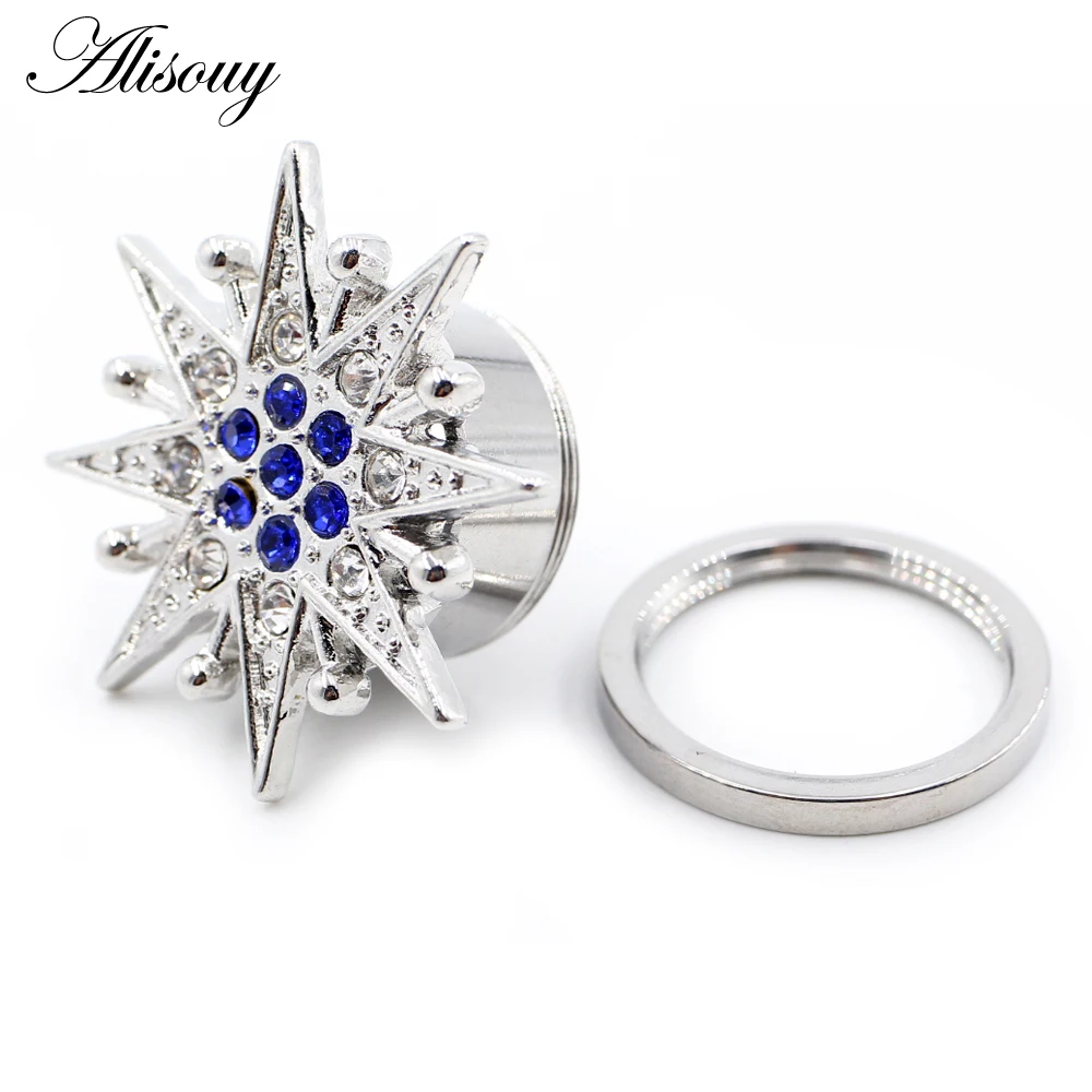 Alisouy 2PC Stainless Steel Flower Star Moon Ear Tunnel Plugs Expander Stretcher Gauges Piercing Hollow Expander Body Jewelry