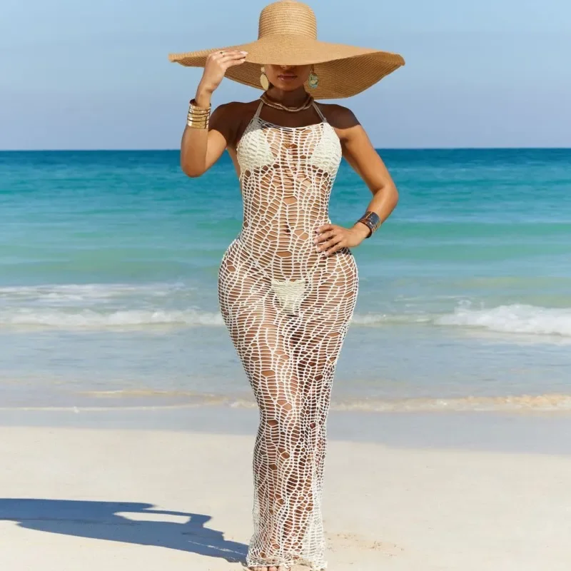 3 Piece Sets Knitted Cover Up Dress Women Swimsuit Side Robes 2024 Summer New Hollow Out Swimwear Sexy Dress Bikini Cover Ups
