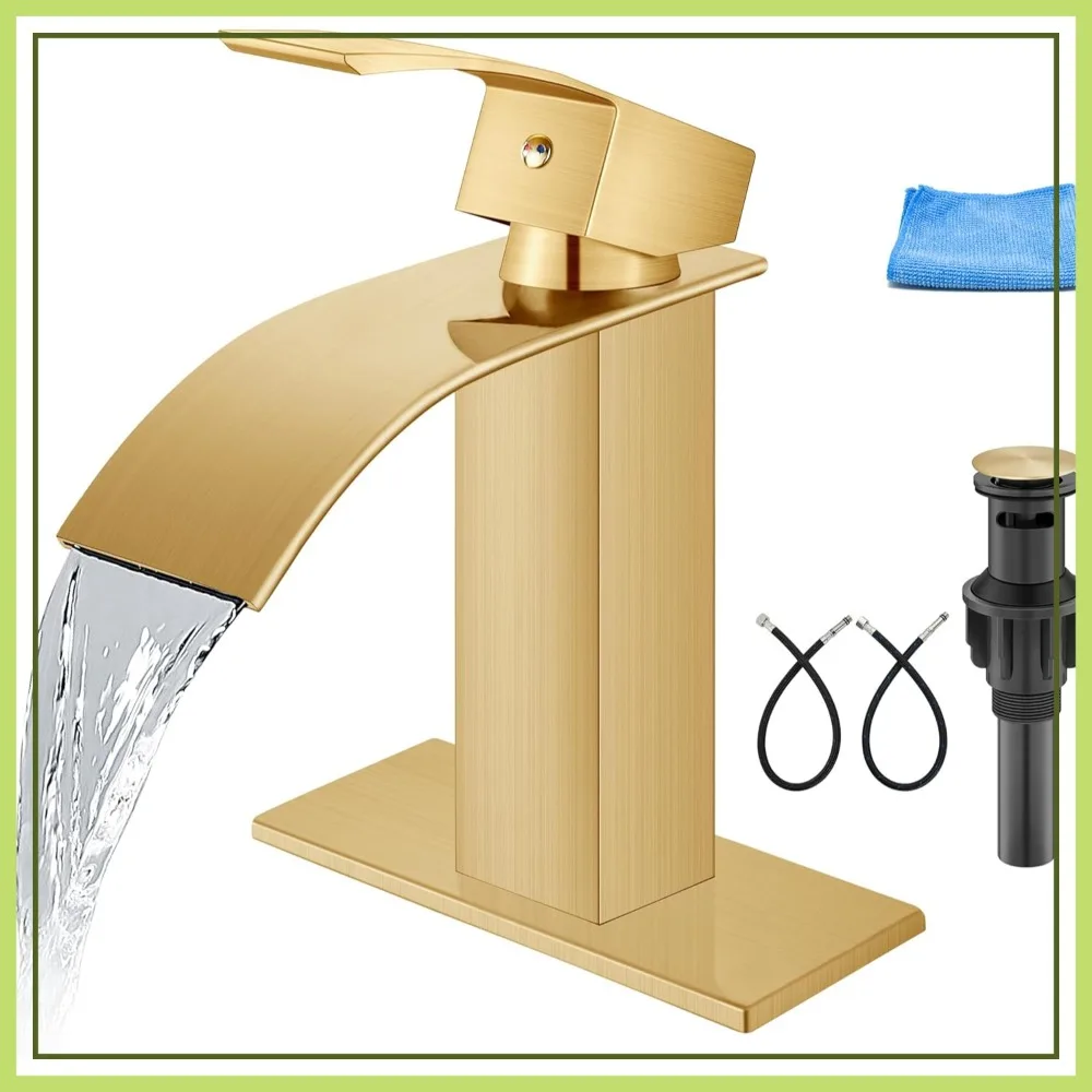

Single Handle Bathroom Faucet, 1 Hole Deck Mount, Waterfall Spout, Brushed Gold, with Pop Up Drain