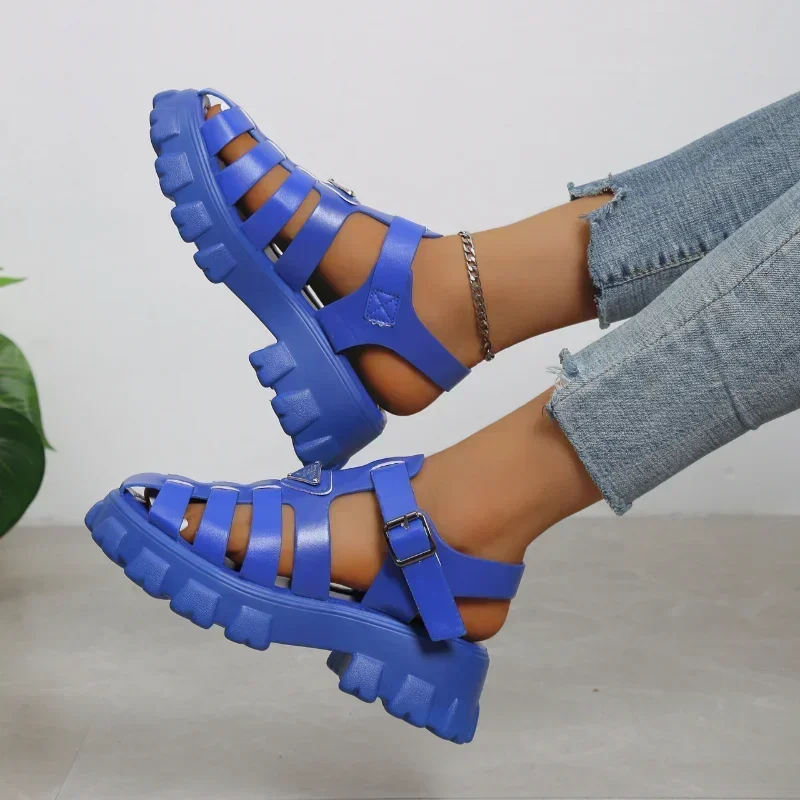 Summer Fashion Gladiator Women Narrow Band Cross-tied Platform Square Heel Peep Toe Rome Design Sexy Mature Shoes Ladies Female