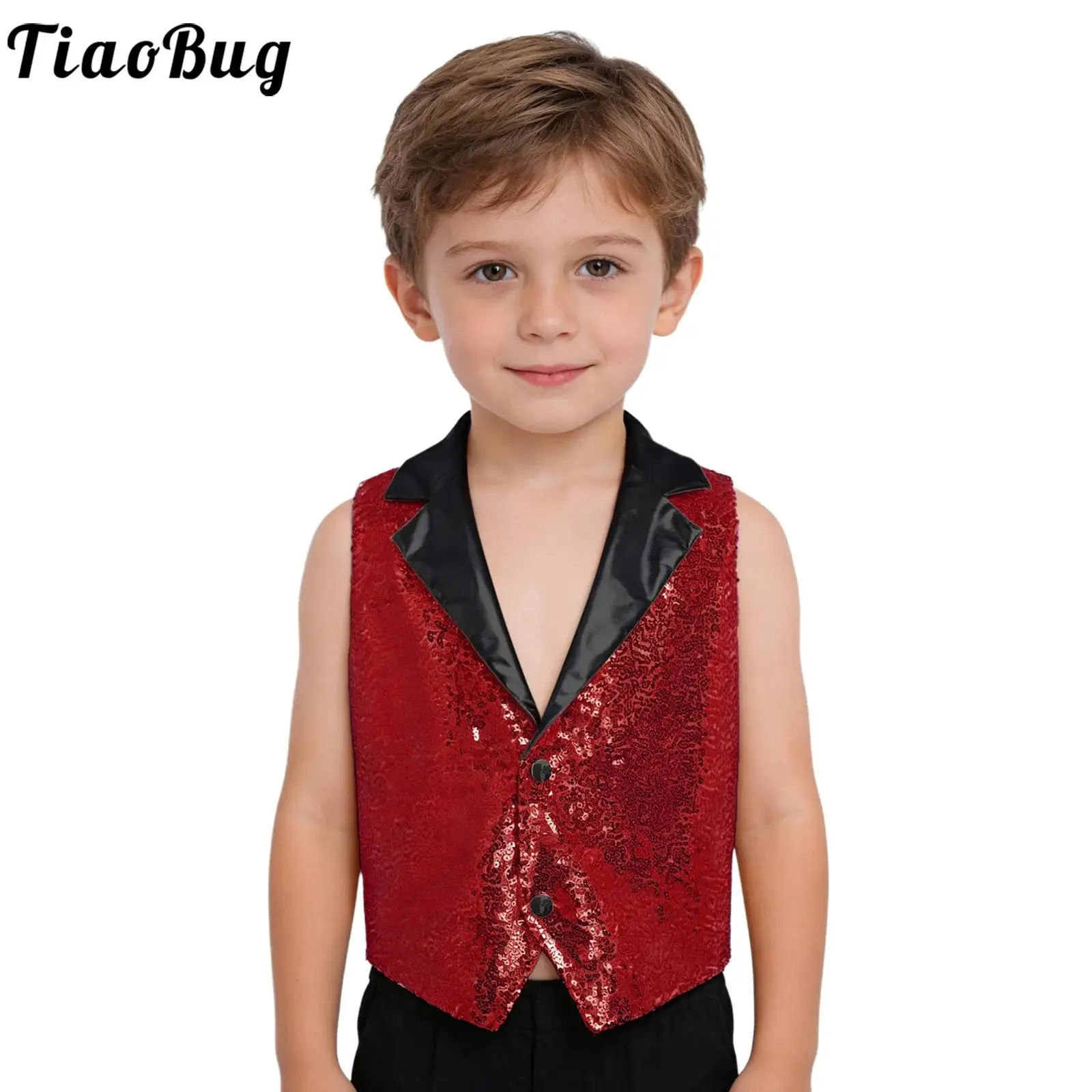 

Детский металлический блестящий жилет с пайетками для мальчиков, танцевальная одежда в стиле джаз, жилет без рукавов с воротником-лацканом и застежкой на кнопках для выступлений на сцене