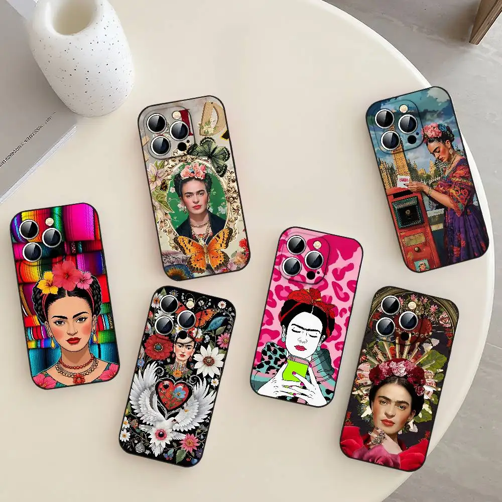Funda Delgada Negra para Teléfono con Diseño Artístico de Frida Kahlo, Ajuste Perfecto para iPhone 17, 16, 15, 14, 13, 11, X, Xr, Xs Max, Pro Max, Plus, 13 Mini