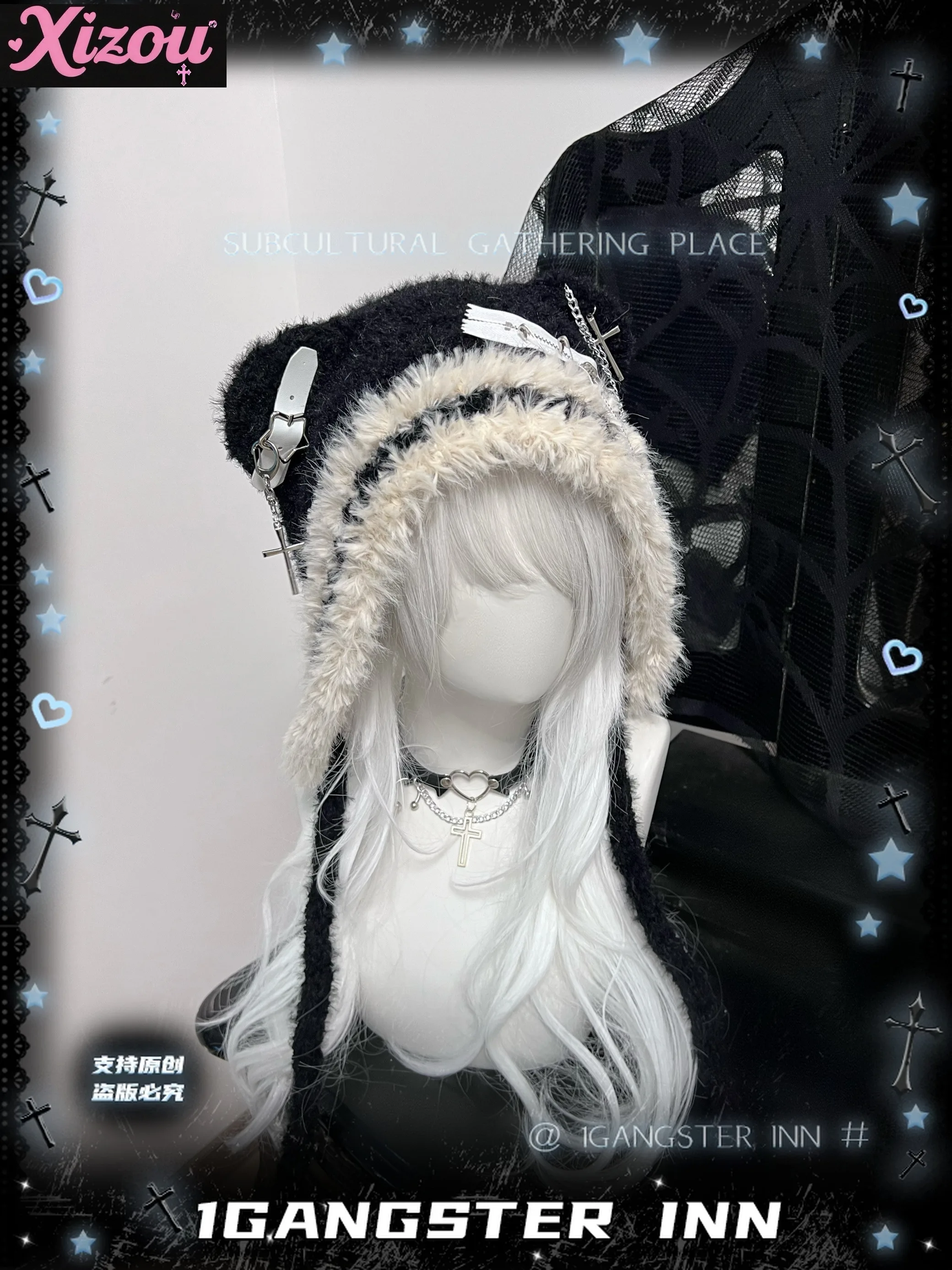 日本オリジナルサブカルクチュアクマ帽子かわいい帽子人格ガールコスプレアクセサリークロススターウール帽子ニッチダーク帽子女性