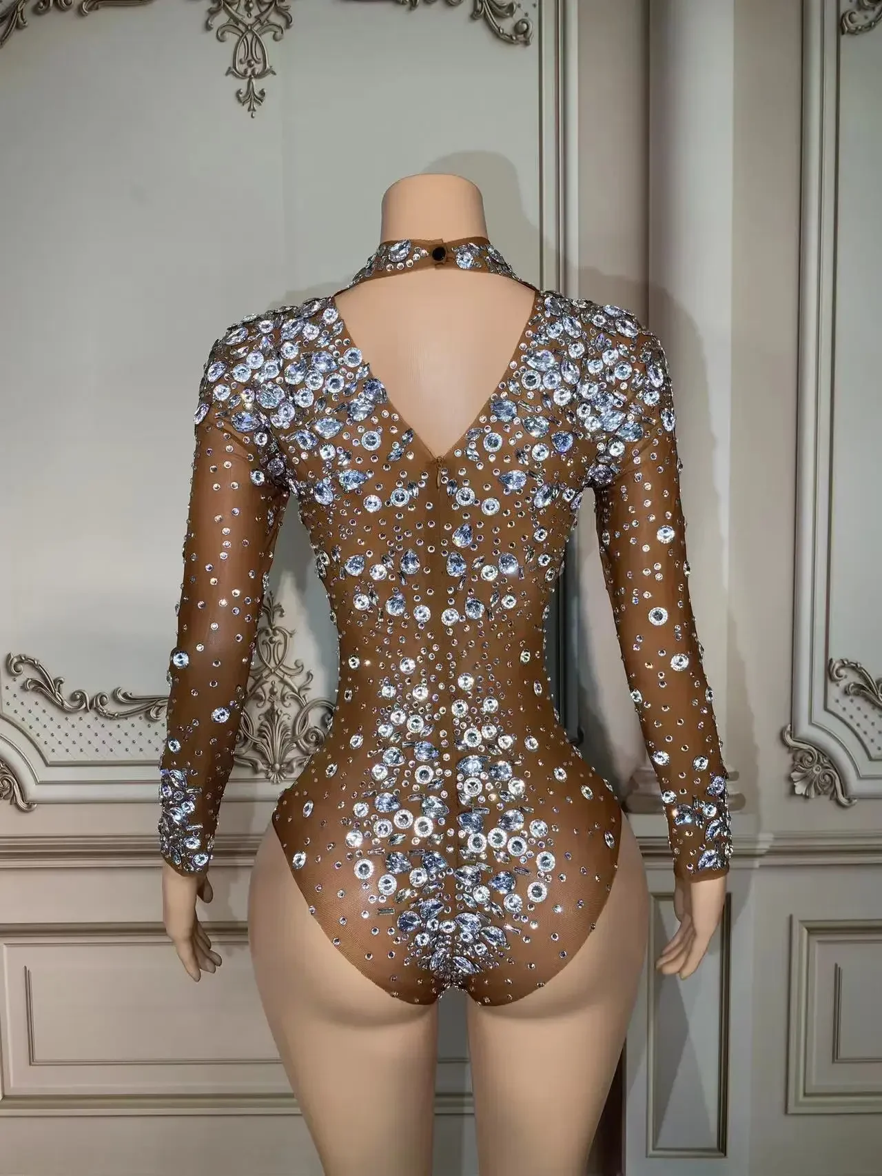 Mono de malla transparente para mujer, traje Sexy con diamantes de imitación para escenario, celebración de noche, Club de cumpleaños, cantante, bailarina, actuación