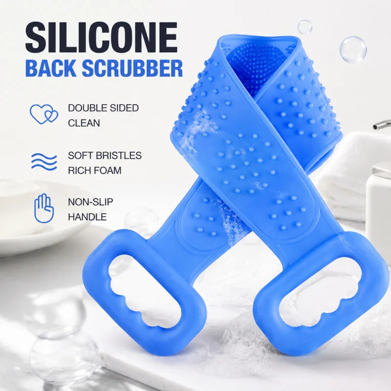 Doppelseitiger Silikon-Körperpeeling-Scrubber mit langem Griff für die Dusche zur Entfernung abgestorbener Haut