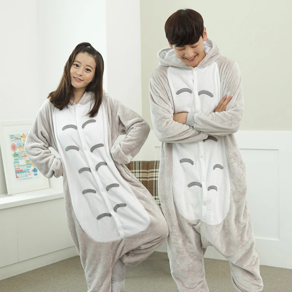 Winter Flannel Cartoon Cat Button Onesie Sleepwear For Young Couples Hooded Halloween Christmas Cosplay Pajamas Length To  Ankle