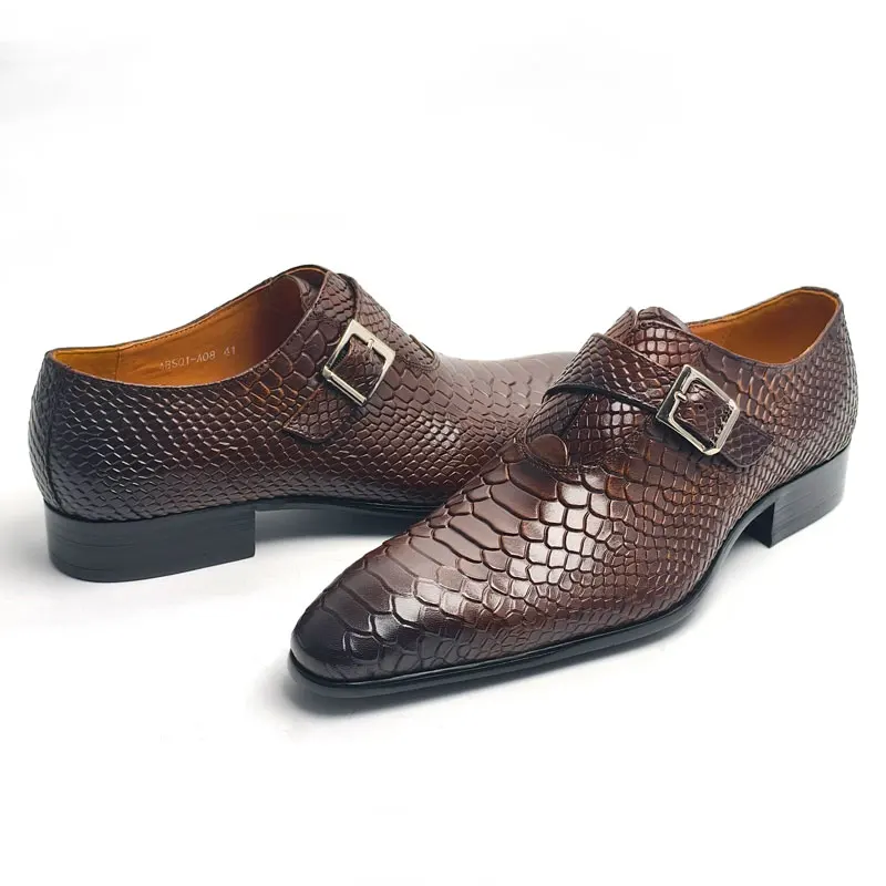 New Men\'s Leather Shoes Comfortable Handmade Oxford Casual Business Monk Style Serpentine Printing Luxury Fashion Dress Man Shoe