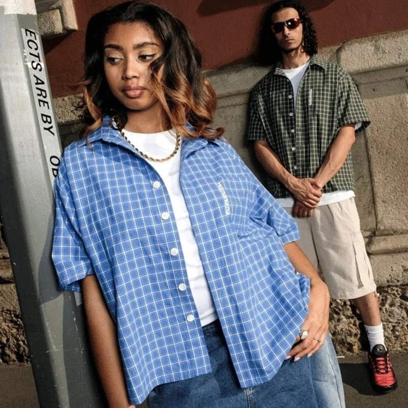 

Fashion Mertra Striped Plaid Shirt y2k Harajuku Hip Hop Street styl Men / Women Casual Short Sleeves Tees Quality Cotton Clothes