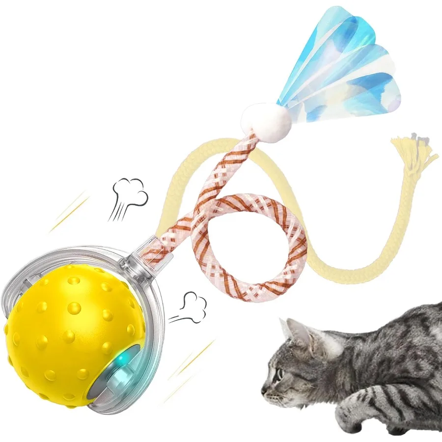 Interactive Cat Toy Motion Activated Rolling Ball with LED Lights 3 Play Modes Two Different Tails Best Toy for Indoor Cats Kit