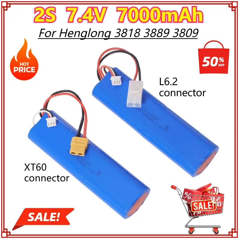 

XT60 L6.2 7.4V 7000mAh 2S Li-ion Battery 18650 for Henglong 3818 3889 3809 RC Tank Toys Parts Rechargeable Replacement Battery