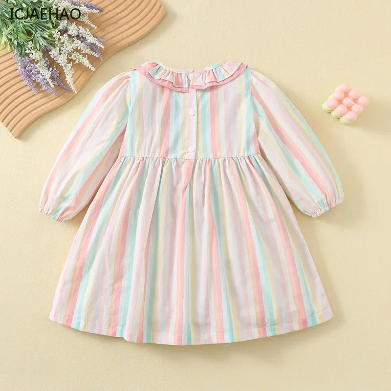 ICJAEHAO 2024 Dress for Girls Spring Autumn Color Stripe Cartoon Rainbow Children Embroidery Pattern Cotton Long-Sleeved Clothes