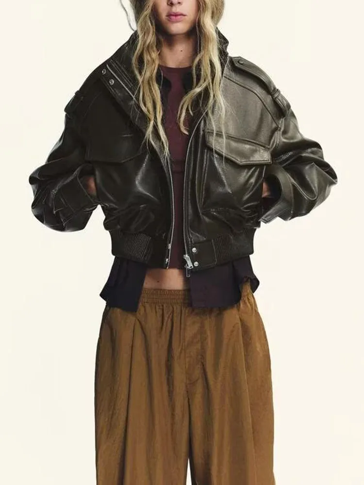 Novo outono feminino motociclista jaet ort falso couro longo sve gola com zíper ket outerwear casual sle suporte ajuste