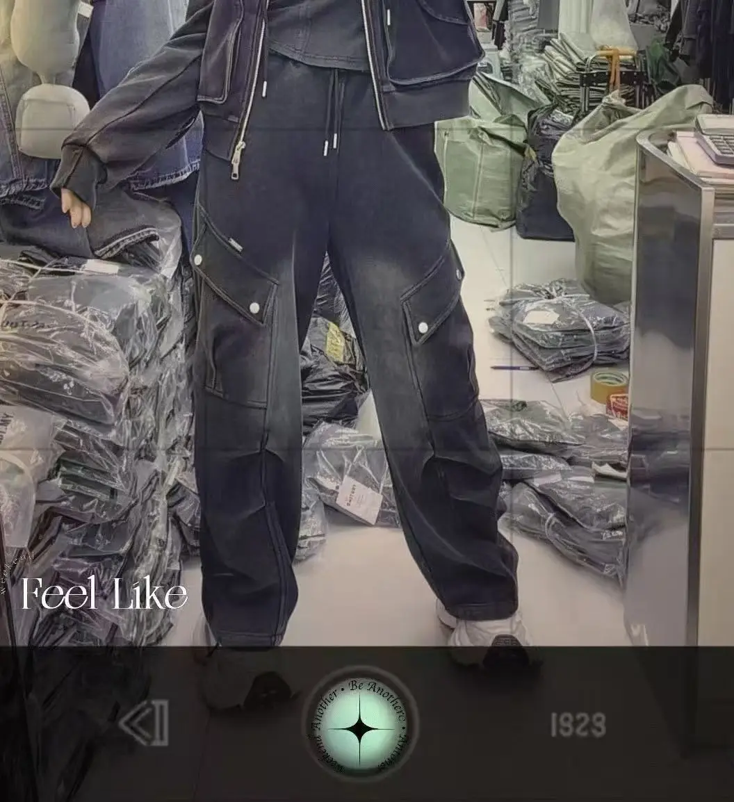 2025 Nuevos pantalones cargo de estilo americano para mujer, pantalones largos informales sueltos de pierna ancha negros para primavera y otoño