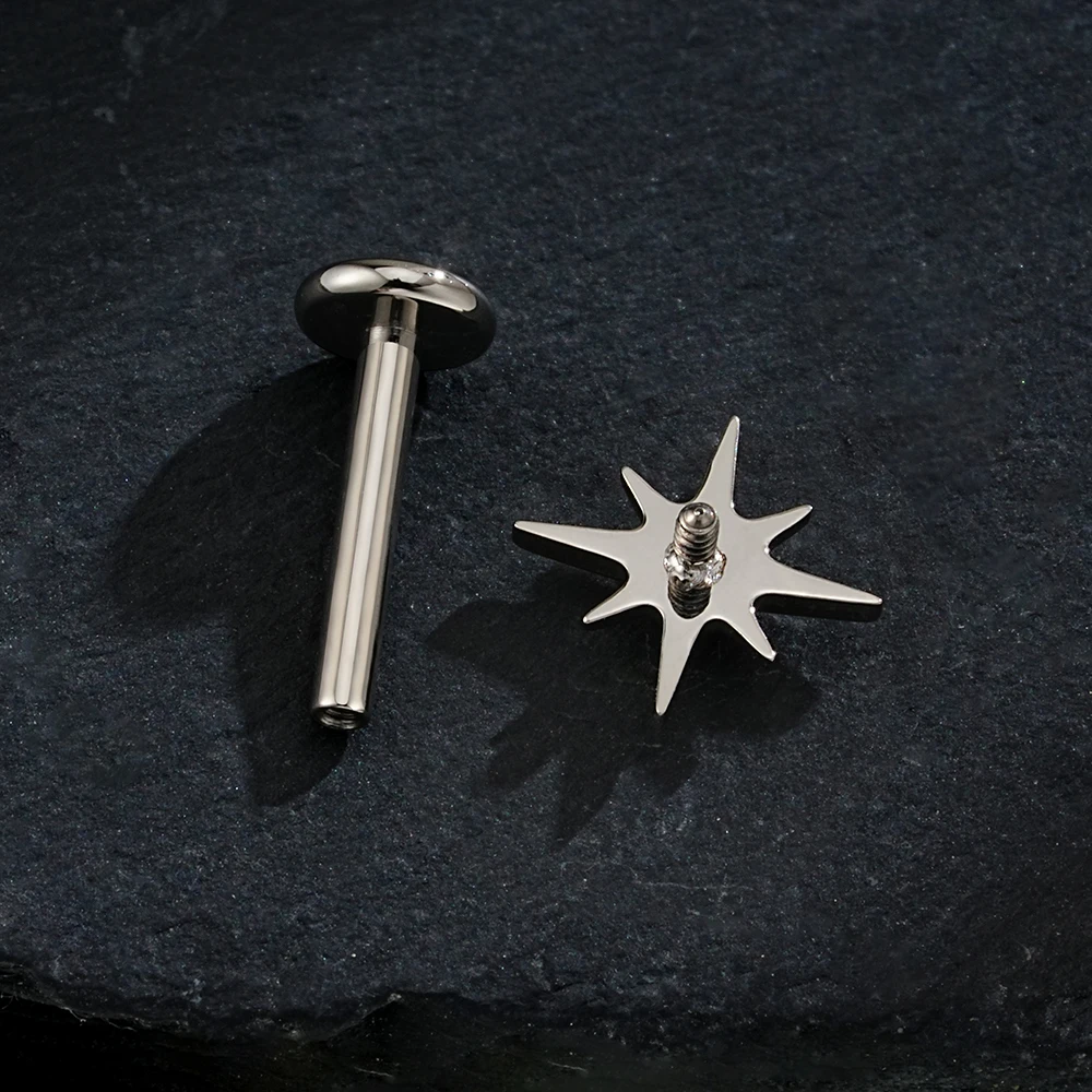 Right Grand ASTM F136 Titanium CZ North Star Flat Back Earring 16G Tiny Starburst Helix Cartilage Stud Dainty Earlobe Mesusa Labret Lip Stud Piercing Jewelry