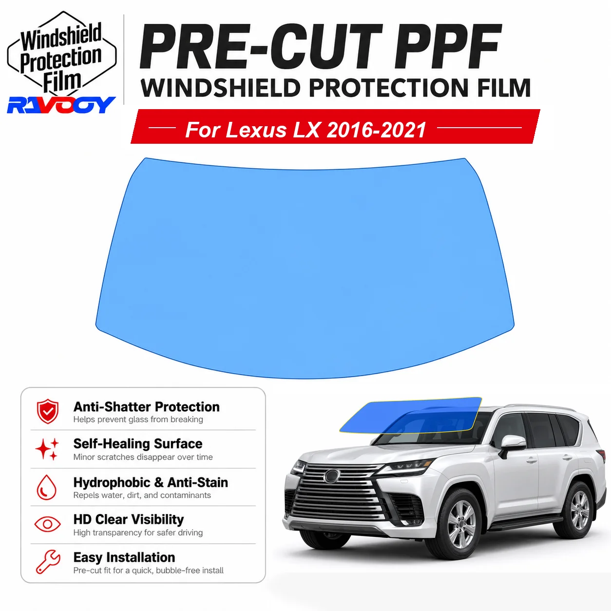 RAVOOY Pre-Cut Front Windshield Protection Film For Lexus LX 4D SUV 2016-2021 6.5mil Clear TPU UV Blocking Hydrophobic Tool Kit
