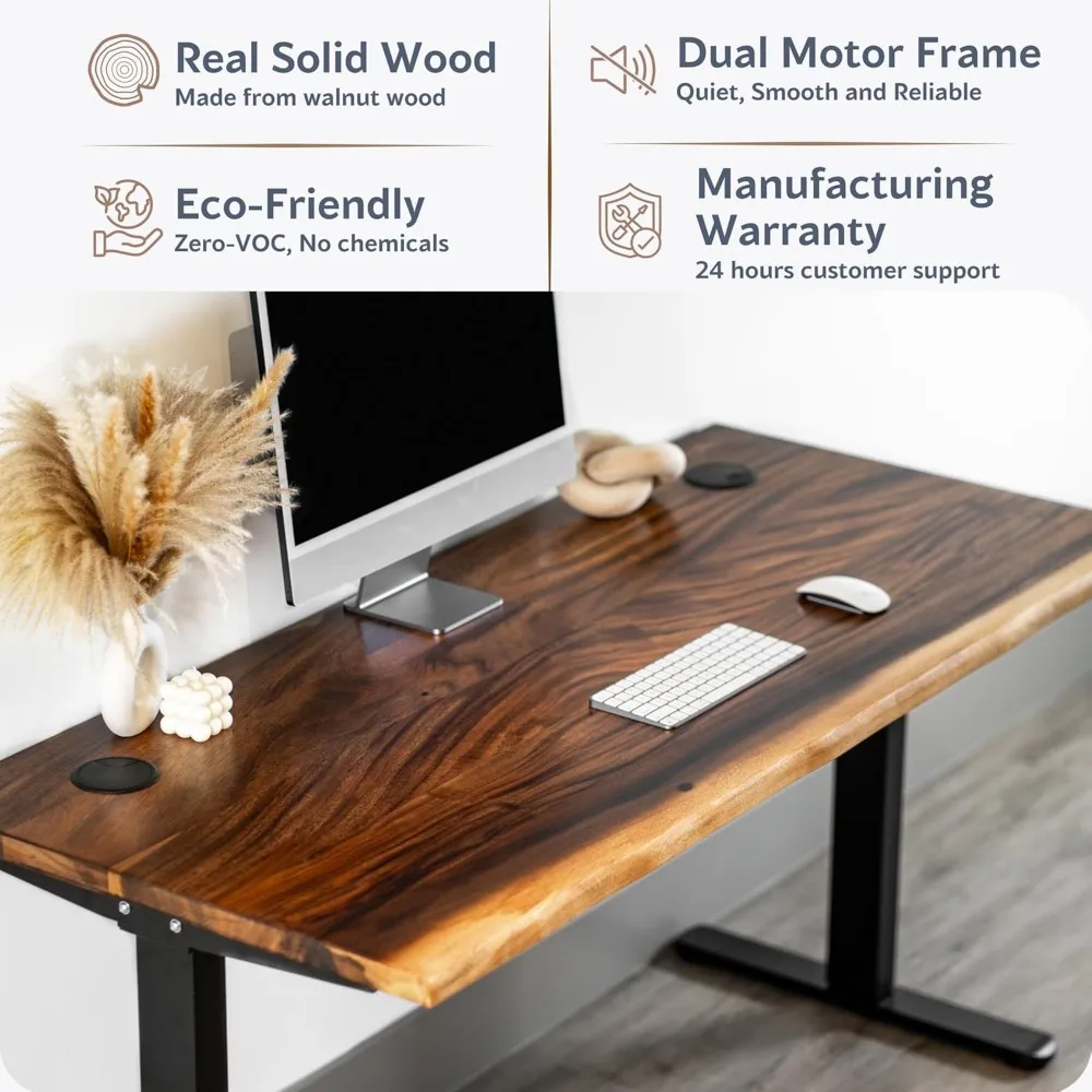 Walnut Solid Wood Desk, Live Edge Adjustable Height Desk, Dual Motor Sit Stand for Home, Office Desks