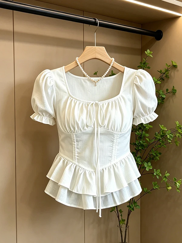 

plus Size Women's Shirt Beautiful Pleated Hem Square Collar Short Sleeve Slimming Summer Top Korean Style Commute Fashion