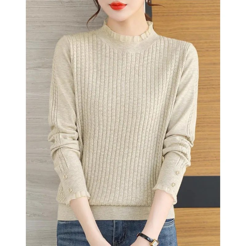 New Autumn Fashion Trend Lace Neck Fashionable Solid Color Loose Versatile Slim Age Reducing Women's Knitted Sweater