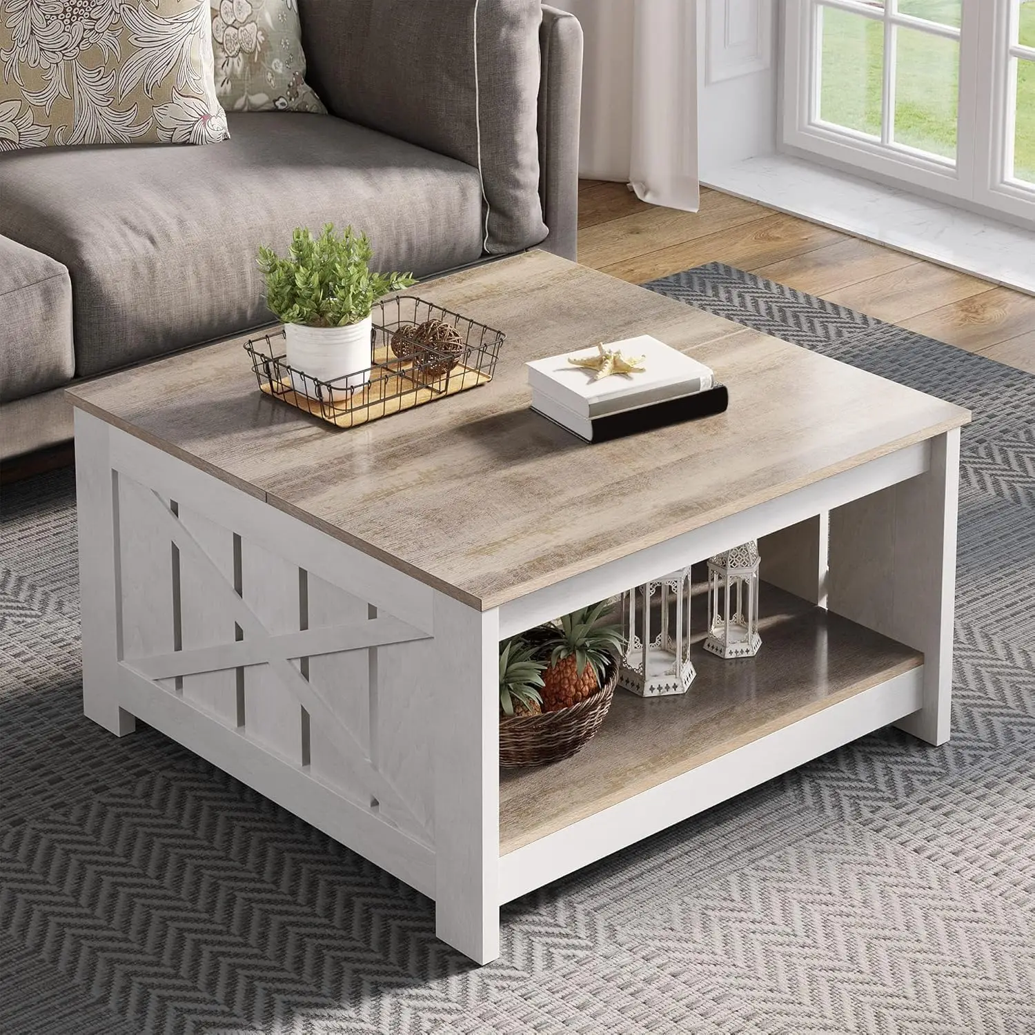 

Coffee Table Farmhouse Coffee Table with Storage Rustic Wood Cocktail Table, Square Coffee Tables for Living Meeting Room with H
