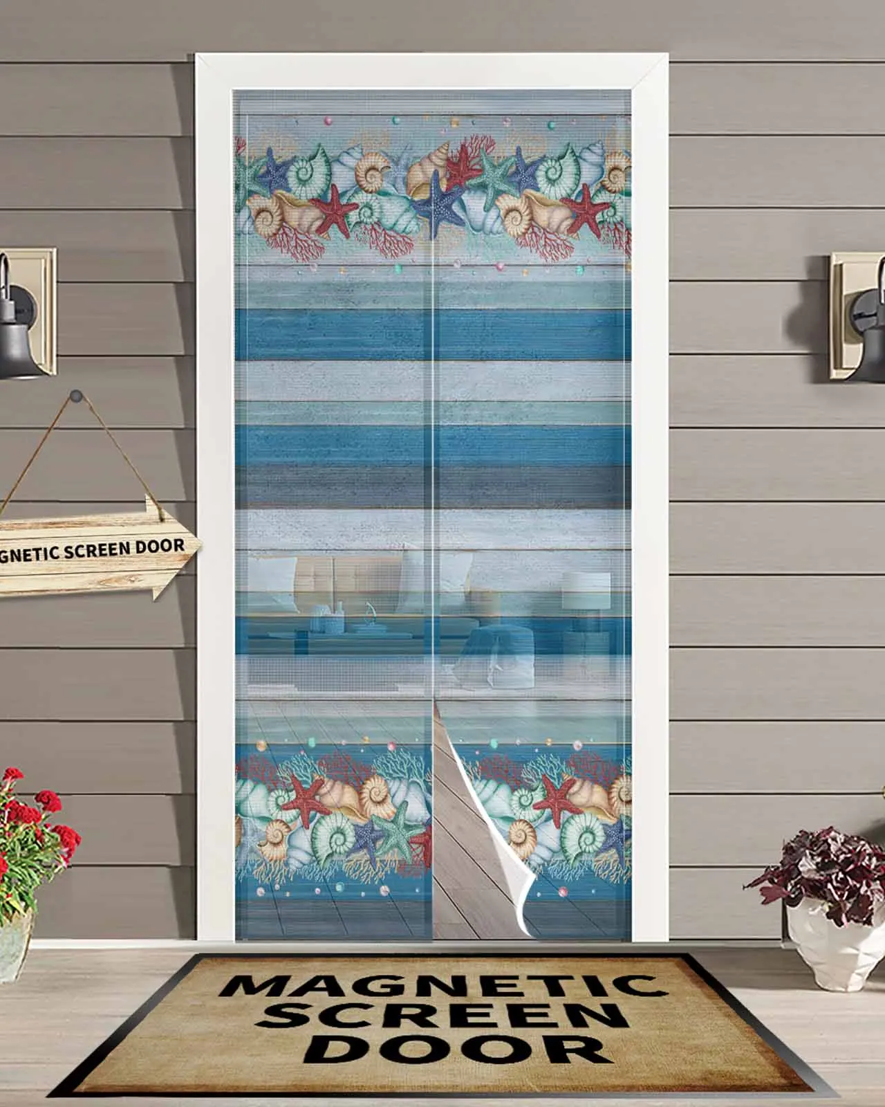 Cortina de puerta magnética de estrella de mar de vida marina de grano de madera azul, cortina de puerta con pantalla antimosquitos para sala de estar y dormitorio
