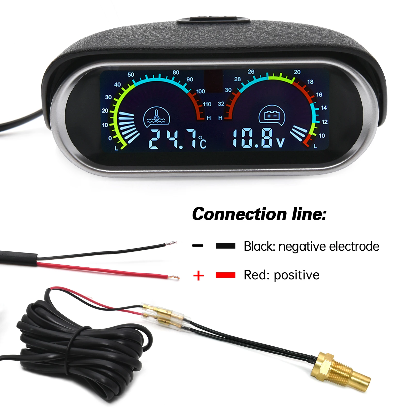 AD 2 in 1 LCD Car Water Temp Gauge Water Temperature Sensor 10mm Meter Voltmeter Voltage Digital Horizontal 12v 24v Accessories