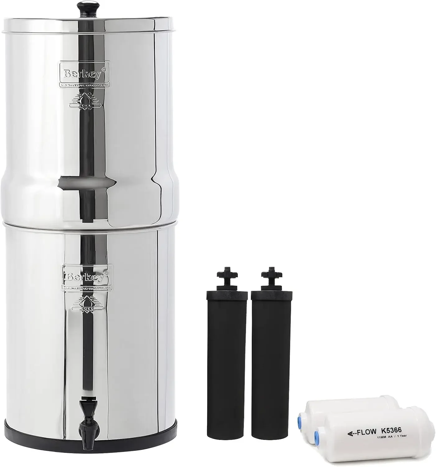 Gravity-Fed Water Filter System 3.25 Gallon with 2 Black Berkey Elements, 2 Berkey PF-2 Fluoride and Arsenic Reduct