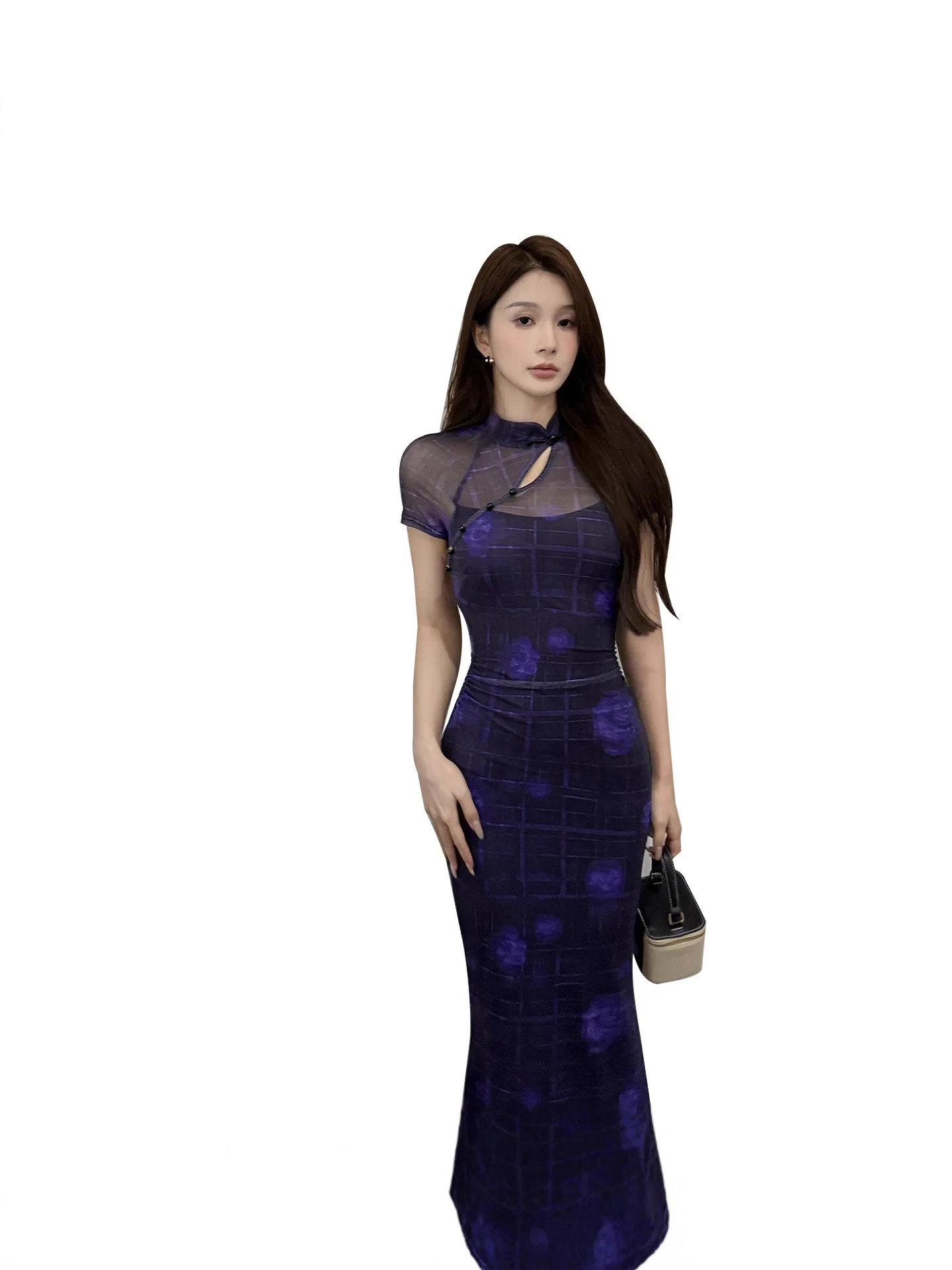 Retro Neo-Cinese Y2K Plaid Scava-out Viola Midi Elegante Sottile Sheer Vestito Aderente Abito da Sera delle Donne Del Partito Parm Vestido Robe