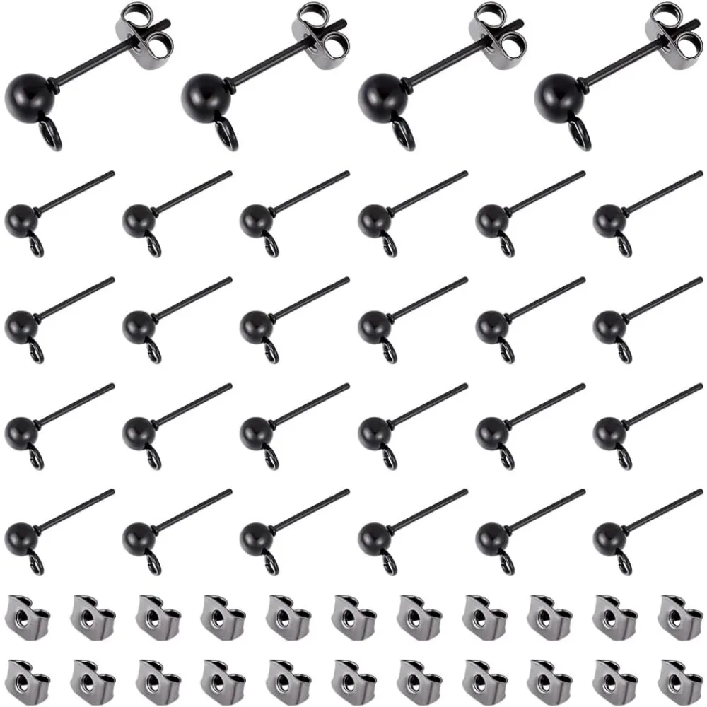30Pcs Stainless Steel Stud Earring Findings Gunmetal Ball Post Stud Earrings with Ear Nuts and Loop Earring Findings Earrings