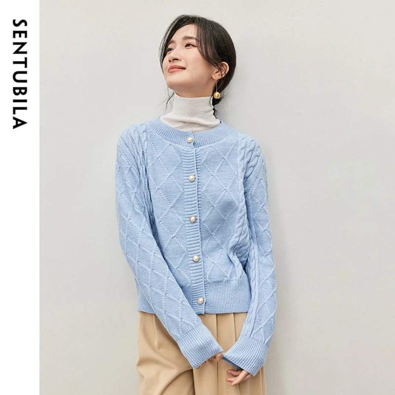 

SENTUBILA Women Knitted Cardigan 2025 Autumn O Neck Long Sleeve Single Breasted Tops Casual Elegant Cropped Sweater W43E56739