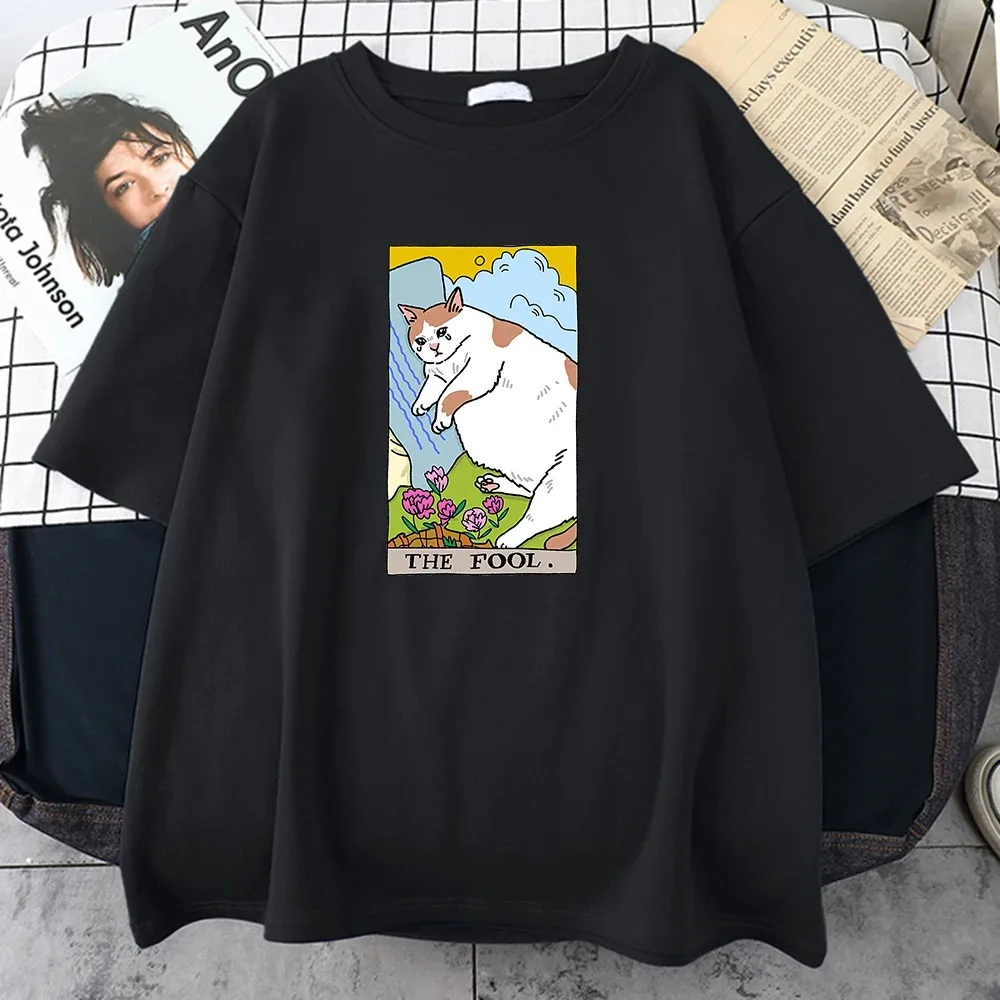 The Fool Sad Cat Meme Print Mans Tee Clothing Vintage Personality Street Tops All-math Oversize Short Sleeve Men Cotton T-Shirts