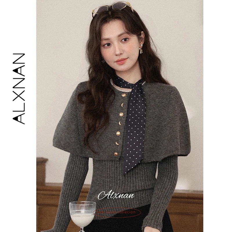 

ALXNAN Grey Knitted Sweater Women Elegant Long Sleeve Wool Pullovers Autumn Winter Female Tops Free Cape and Scarf L59379