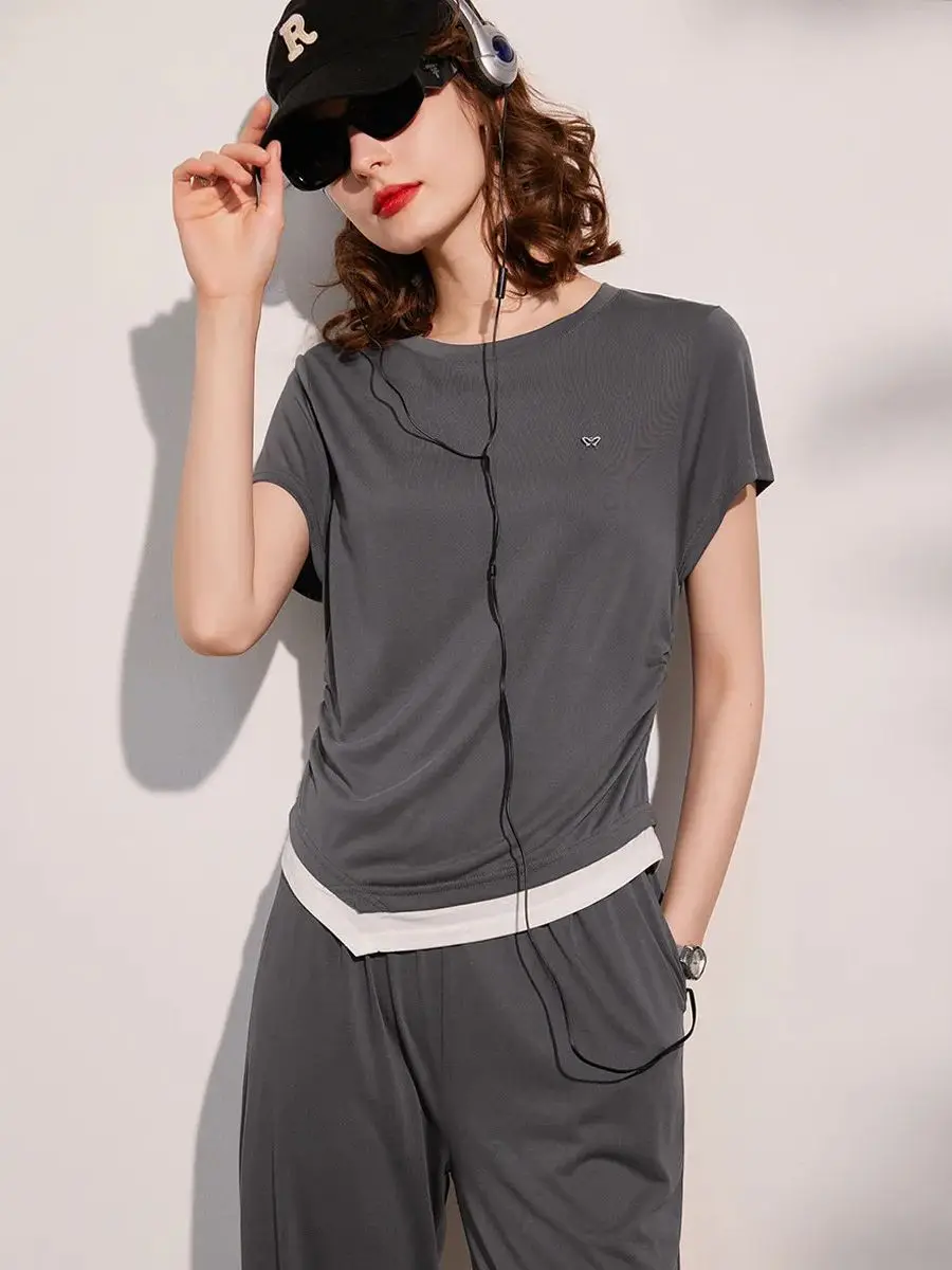 LOUIS YAO Women Two Pieces Set 2024 Summer T-shirt Pants Set Fashion Contrast Color Irregular Casual Round Neck Short Sleeve Set