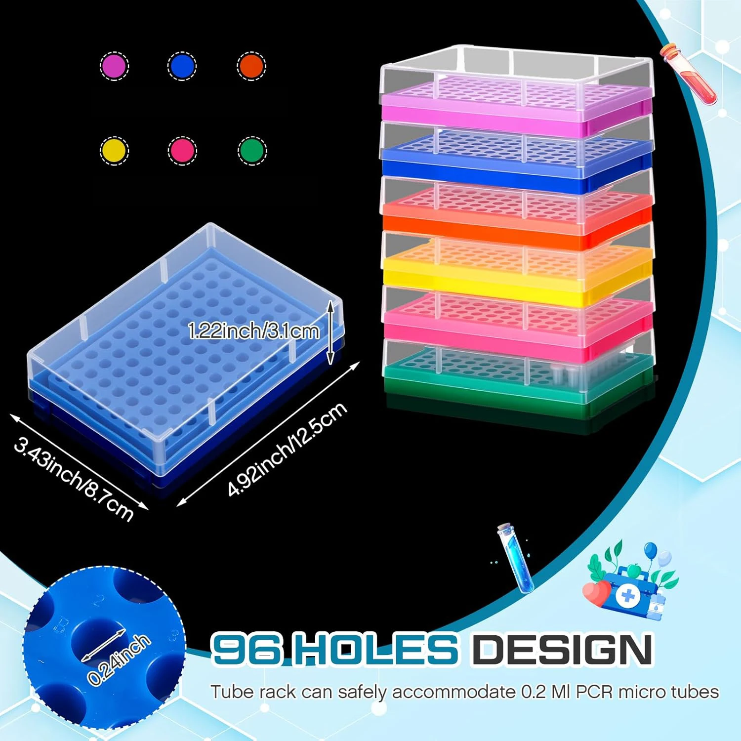 Tube Rack For 0.2ml Micro-Tubes 96 Holes 8 X12 Array PCR Tube Racks With Transparent Lid For Lab，Multiple Colors，3Pcs/Pk