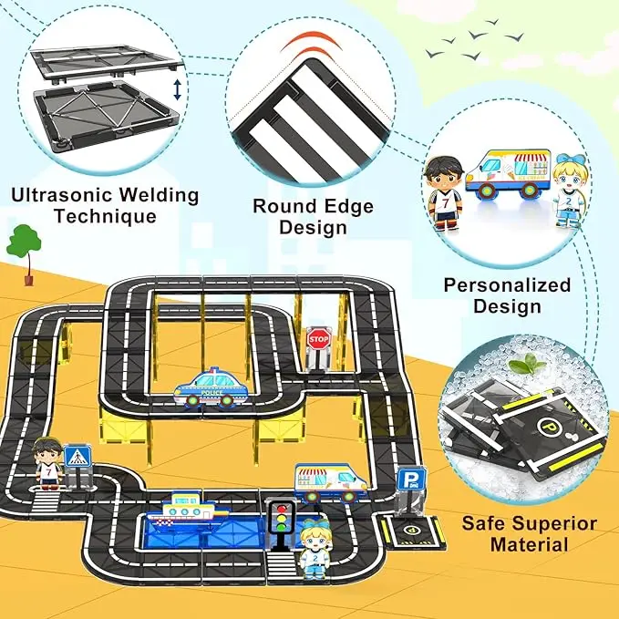 104 PCS Płytki magnetyczne Zestaw drogowy, klocki magnetyczne STEM dla dzieci Zabawki dla maluchów Gry, świąteczne prezenty urodzinowe dla 3+ lat O