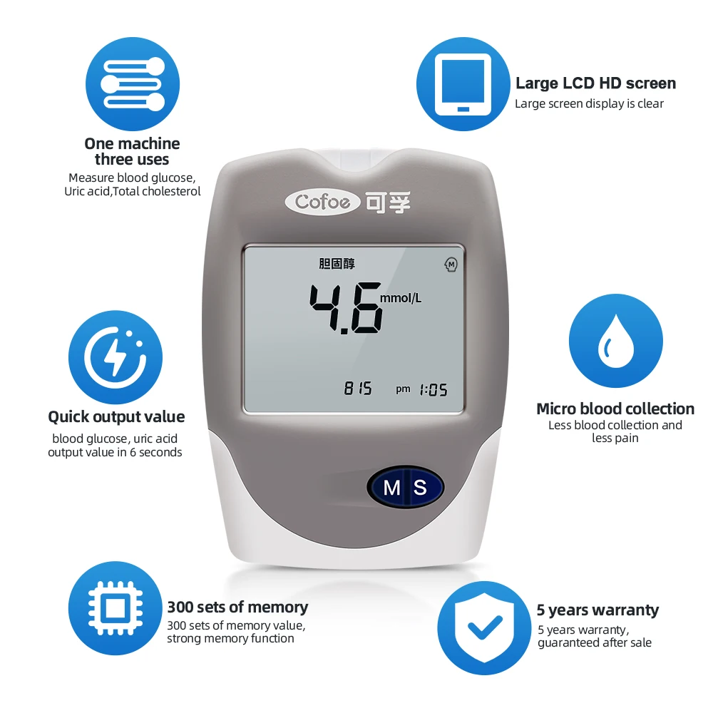 Cofoe 3 in 1 Cholesterol Uric Acid Blood Glucose household meter Health Care