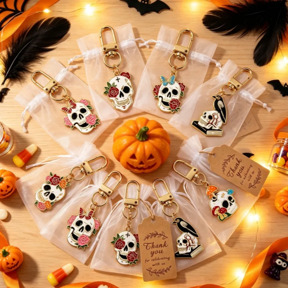 6 Sets Halloween Rose Skull Alloy Keychain Gothic Zipper Pull Charms with Tulle Bag Card, Trick or Treat Party Favor Gifts