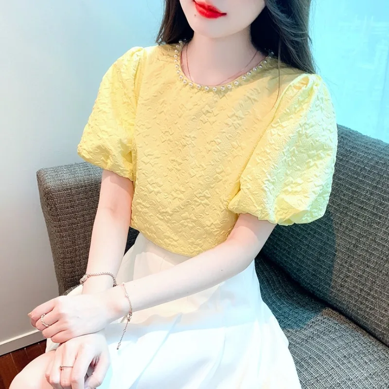 Ele ort Sve Chiffon Bubble Sve T-irt Women's Summer Faion High-End Sensation Sli Korean Sle Top