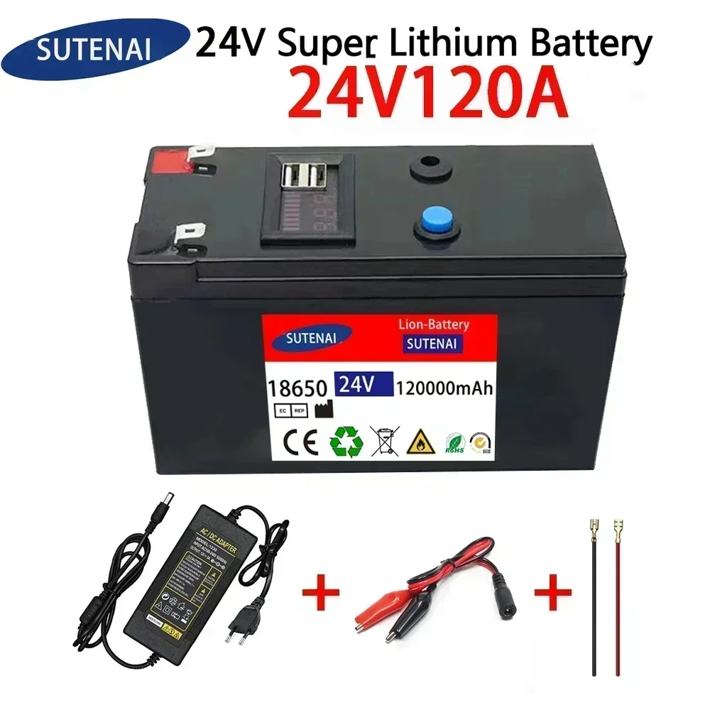 Baterai 24V 120Ah 18650 Pak baterai lithium baterai isi ulang untuk baterai kendaraan listrik energi surya + pengisi daya 25,2v2a