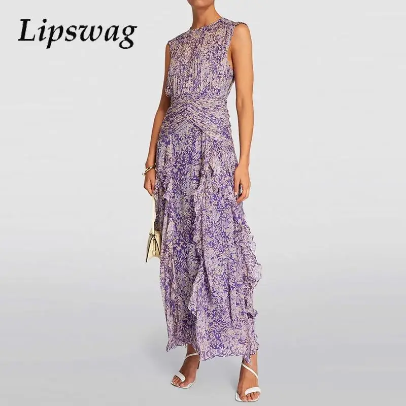 

Casual Pattern Print Sweet A-line Dress 2025 Women Crew-neck Chiffon Party Dress Elegant High Waist Edge Ruffle Long Dress Mujer
