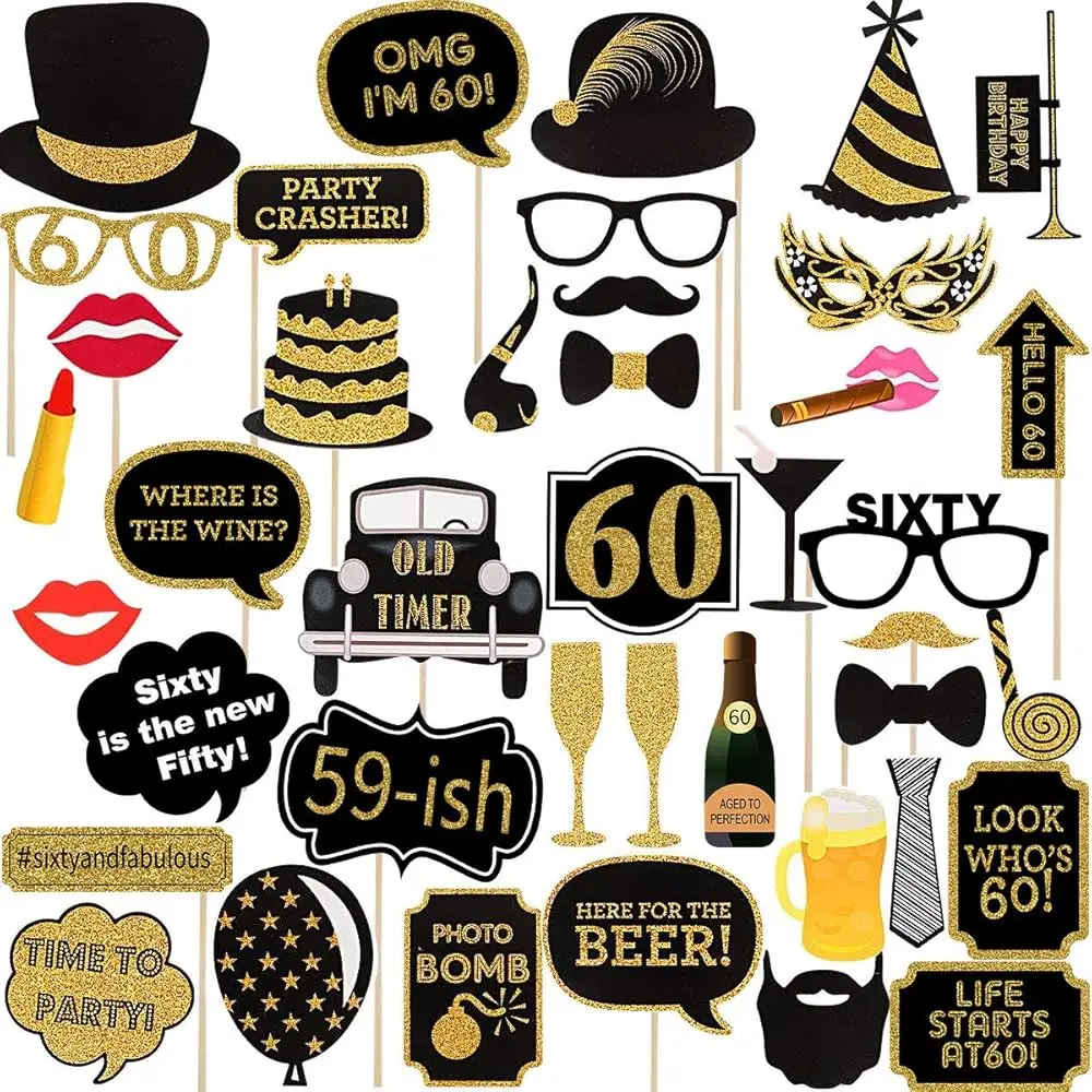 

Реквизит для фотозоны на 60-летие (41 предмет), 60 великолепных праздничных принадлежностей, золотые и черные украшения для дня рождения для мужчин и женщин